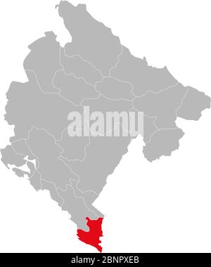 Province d'Ulcinj mise en évidence sur la carte du monténégro. Fond gris. Illustration de Vecteur