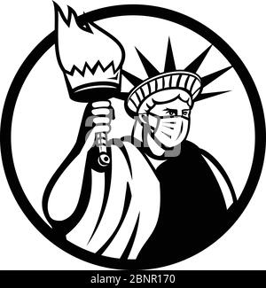 Illustration en noir et blanc de la liberté américaine portant un masque chirurgical pour prévenir les infections et tenant une torche enflammé vue depuis la dsri Illustration de Vecteur
