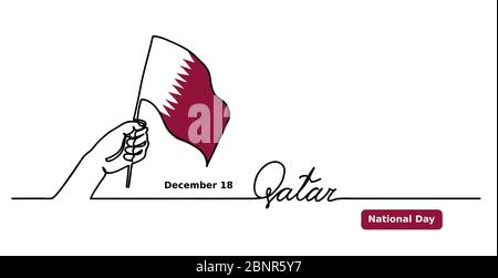 Drapeau vecteur de la Journée nationale du Qatar, fond, affiche, bannière Web. Un concept de dessin en ligne continue avec main, drapeau du Qatar, lettrage. Qatar Illustration de Vecteur