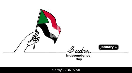 Le jour de l'indépendance du Soudan, vecteur fond, bannière web, affiche. Un concept de dessin en ligne continue avec main, drapeau du Soudan, lettrage Illustration de Vecteur