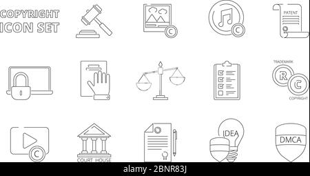 Icônes de propriété intellectuelle. Droit d'auteur politique juridique règlement indépendance droits individuels propriété de brevet lignes vectorielles icônes Illustration de Vecteur