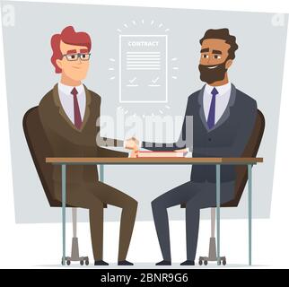Signer le contrat. Réunion d'affaires vendant des commerçants dialogue partenariat vecteur personnages de dessin animé isolés Illustration de Vecteur