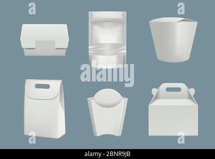 Aliments emballés. Carton vierge et emballage plastique pour les produits livraison rapide vecteur maquette réaliste Illustration de Vecteur