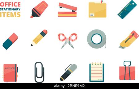 Articles fixes. Business Office outils papier dossier crayon gomme stylo papier clip agrafeuse marqueur vecteur plat icônes collection Illustration de Vecteur