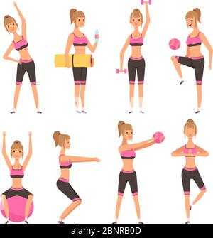 Fitness fille. Le personnage de sport féminin dans diverses poses d'action dans la salle de gym faisant des exercices cardio Illustration de Vecteur