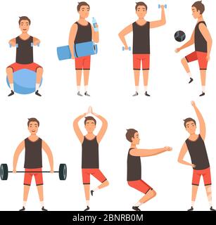 Homme sportif. Gym homme personnage de fitness debout dans l'action pose entraînement vecteur mascotte d'entraînement Illustration de Vecteur