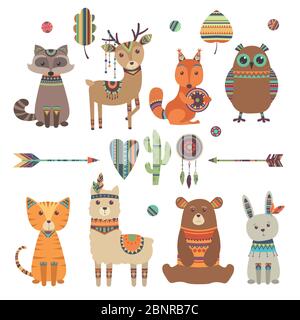 Animaux ethniques mignons. Tribal Kid Wild zoo ours hibou raton laveur tigre avec plumes flèches et motifs vecteur de design personnages Illustration de Vecteur