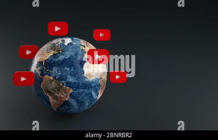 Icône du logo YouTube autour de la Terre. Concept d'application populaire. Banque D'Images