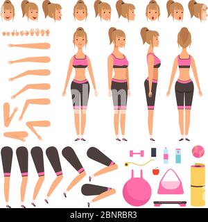 Animation sport fille. Fitness femmes personnages parties du corps bras mains pied athlète entraînement vecteur constructeur Illustration de Vecteur