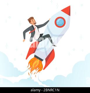 Homme d'affaires sur la fusée. Concept de lancement démarrage nouveau projet de rêve voler les gens sur la navette entreprise idée de produit personnage vecteur Illustration de Vecteur