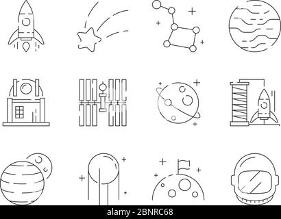 Icône Space Thin. Univers découverte de la terre l'observatoire de la fusée astronaute étoiles télescope ciel étranger vecteur symboles de contour Illustration de Vecteur