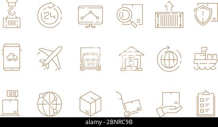 Symboles fins logistiques. Livraison de boîtes et de transport camionnette livraison gratuite fret maritime vecteur contour icônes collection Illustration de Vecteur