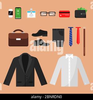 Vêtements d'affaires. Mode pour les gestionnaires de bureau pantalon homme chemise montres ceinture chaussettes et autres vecteur vue du dessus éléments isolés Illustration de Vecteur