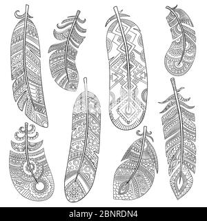 Plumes tribales indiennes. Mode aztec oiseau américain motif plumes vintage vecteur monochrome motif Illustration de Vecteur