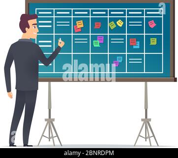 Tableau des horaires d'affaires. Homme d'affaires à proximité de la liste de contrôle et des équipes de planification plans de travail gestion de calendrier concept de vecteur Illustration de Vecteur