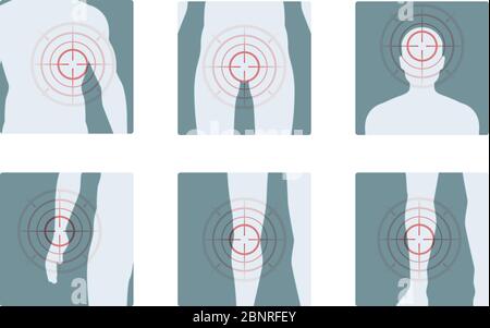 Douleur corporelle. Cercles concentriques rouges de pièces humaines douloureuses analgésiques vecteur images concept Illustration de Vecteur