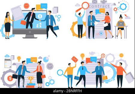 Relations d'affaires. Investisseurs poignée de main finance contrat travail business transactions managers homme femme vecteur de travail plat Illustration de Vecteur
