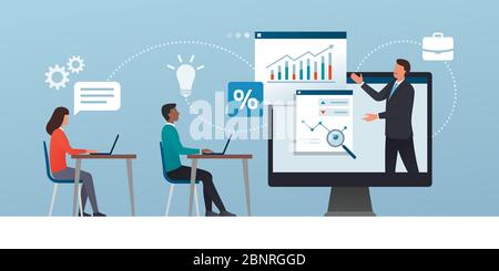 Cours et conseil en ligne de gestion d'entreprise : homme d'affaires en contact avec ses étudiants universitaires en ligne et en analysant des graphiques financiers Illustration de Vecteur