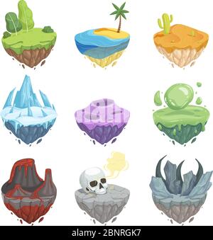 Îlots isométriques. Paysage de dessin animé avec herbe de glace de roche terre volcan surface de lave objet vecteur pour le jeu Illustration de Vecteur