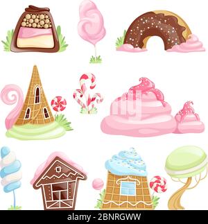 Desserts fantaisie. Chocolat caramel biscuits gelée bonbons lolllipop objets vectoriels de conte de fées Illustration de Vecteur