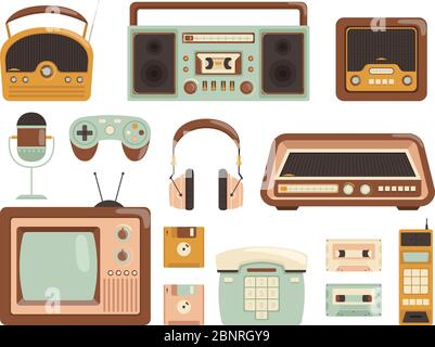 Gadgets rétro. 80s cassette électronique enregistreur cassette audio lecteur de musique radio téléphone portable images vectorielles Illustration de Vecteur