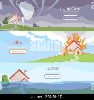 Bannières météo catastrophe. Tsunami volcan vent tempête pluie maison dommages de la foudre images vectorielles avec place pour le texte Illustration de Vecteur