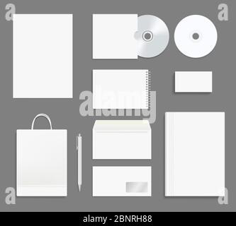 Stationnaire d'identité d'entreprise. Maquette de bureau entreprise enveloppe dossier ensemble carte de visite stylo papier emballage cd vecteur réaliste Illustration de Vecteur