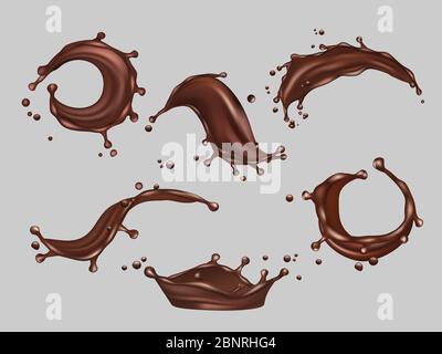 Éclaboussures de chocolat. Modèle réaliste de vecteur de boisson chaude alimentaire au cacao liquide Illustration de Vecteur