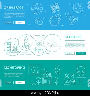 Bannières d'espace. Découverte universelle univerce planètes lunaires fusée et astronautes avec des compositions vectorielles satelite exotiques Illustration de Vecteur