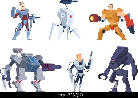 Robots guerriers. Personnages en exosquelette brutal future Soldiers technologie android avec des fusils vecteur cartoon mascotte Illustration de Vecteur