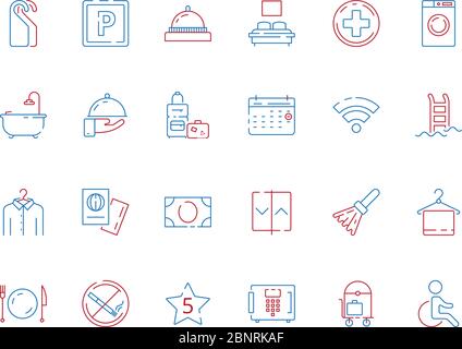 Symboles liés à l'hôtel. Salle de bains hôpital Voyage lieux spa espace petit déjeuner toilettes zone wifi hôtel coloré vecteur icône Illustration de Vecteur