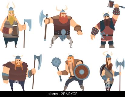 Personnages Viking. Guerriers norvégiens médiévaux militaires personnages vectorisés mascottes de dessins animés Illustration de Vecteur