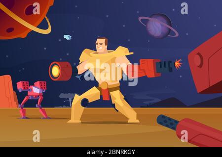 Robots de combat futurs. Guerre cybernétique futuriste soldats sur mars personnages vectoriels dessin animé arrière-plan Illustration de Vecteur