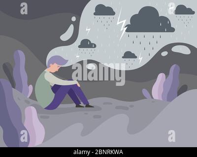 Personnes déprimées. Solitude seul dans la ville homme fatigué pluie vecteur temps fond de concept Illustration de Vecteur