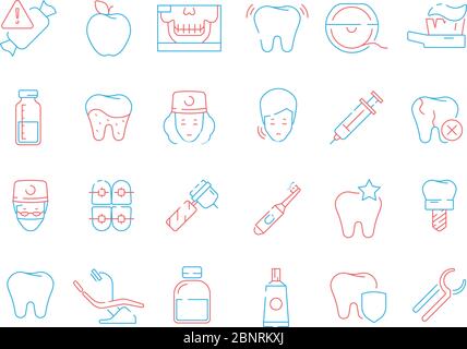 Icône de dent. Dents dentaires stomatologie soins de santé lignes minces vecteurs de symboles colorés Illustration de Vecteur