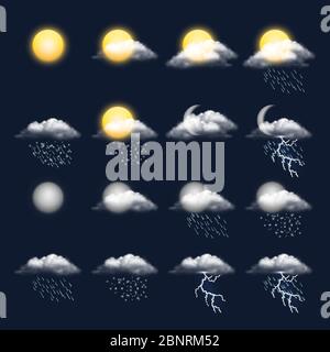 Icône Météo réaliste. Nuages soleil pluie vent neige vecteur symboles météo Illustration de Vecteur