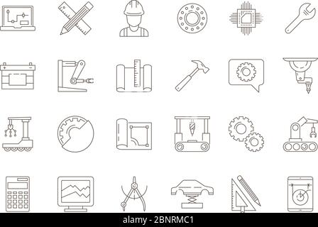 Symboles techniques. Fabrication de circuits mécaniques civil outils électriques vecteur ligne mince collection d'icônes Illustration de Vecteur