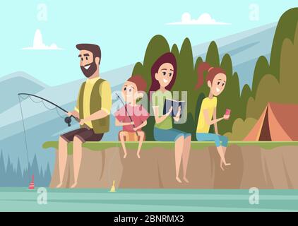 Voyageurs de famille. Couple d'explorateurs en plein air avec les parents randonnée camping vecteur dessin animé fond Illustration de Vecteur