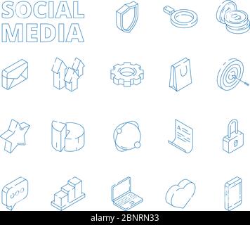 Médias sociaux 3D. Marketing isométrique ligne mince d'affaires icône de site Web symboles mail étoiles news message bouton vecteur Illustration de Vecteur