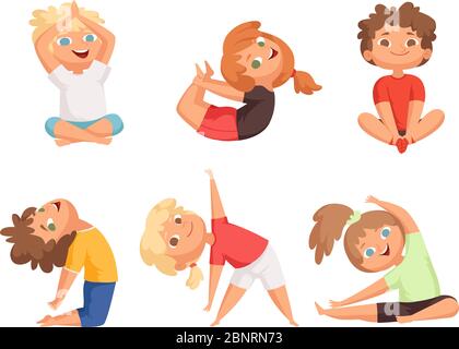 Enfants de yoga. Les enfants faisant différents exercices de yoga jeunes personnages vectoriels de gymnastique Illustration de Vecteur