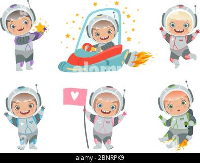 Astronautes pour enfants. Enfants personnages drôles dans l'espace costume spaceman vecteur mascottes Illustration de Vecteur