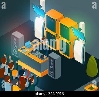 DJ sur scène. Divertissement fête musique bonne foule chantant musique électrique de danse de haut-parleurs Illustration de Vecteur