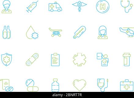 Icône médecine. Hôpital médecin soins médicaux médicaments pilules et autres symboles vecteur ligne mince Illustration de Vecteur