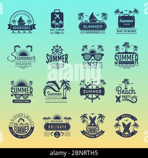 Logos de voyage d'été. Badges et symboles de vacances tropicaux rétro, palmiers, boissons, visite de la plage sur l'île, collection de photos vectorielles Illustration de Vecteur
