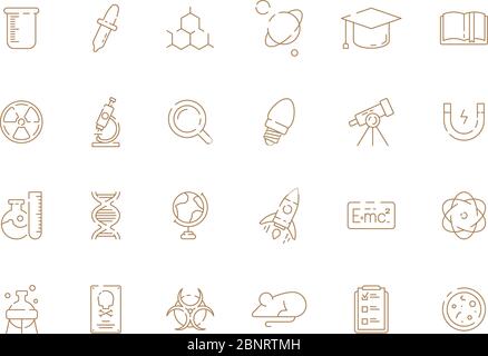 Icône Science. Matériel physique chimique de laboratoire ou d'usine lentilles aimants instruments médicaux d'essai de lampe signes vectoriels Illustration de Vecteur