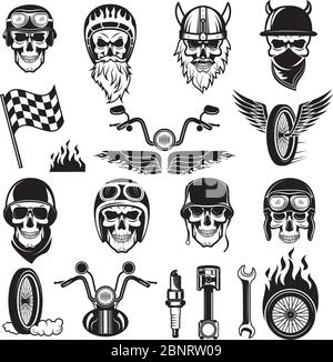 Symboles Biker. Crâne vélo drapeaux roue incendie os moteur moto vecteur silhouettes Illustration de Vecteur