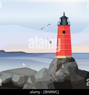 Phare de paysage marin. Océan ou eau de mer avec navigation de nuit bâtiment de sécurité sur les rochers vecteur dessin animé arrière-plan Illustration de Vecteur