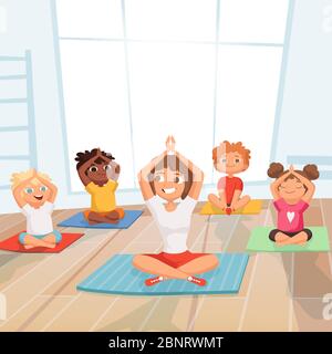 Groupe d'enfants yoga. Les enfants font des exercices avec un instructeur dans un fond de dessin animé vectoriel de salle de sport Illustration de Vecteur