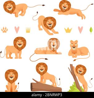 Dessin animé Lion. Sauvage running jaune fourrure animal roi chasseur safari lions mignon fierté vecteur personnages collection Illustration de Vecteur