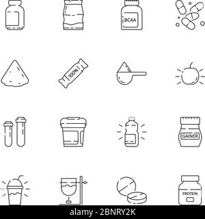 Icône alimentation sportive. Vitamine active complément alimentaire fitness industrie pilules protéine de lactosérum santé vecteur ligne mince symboles Illustration de Vecteur